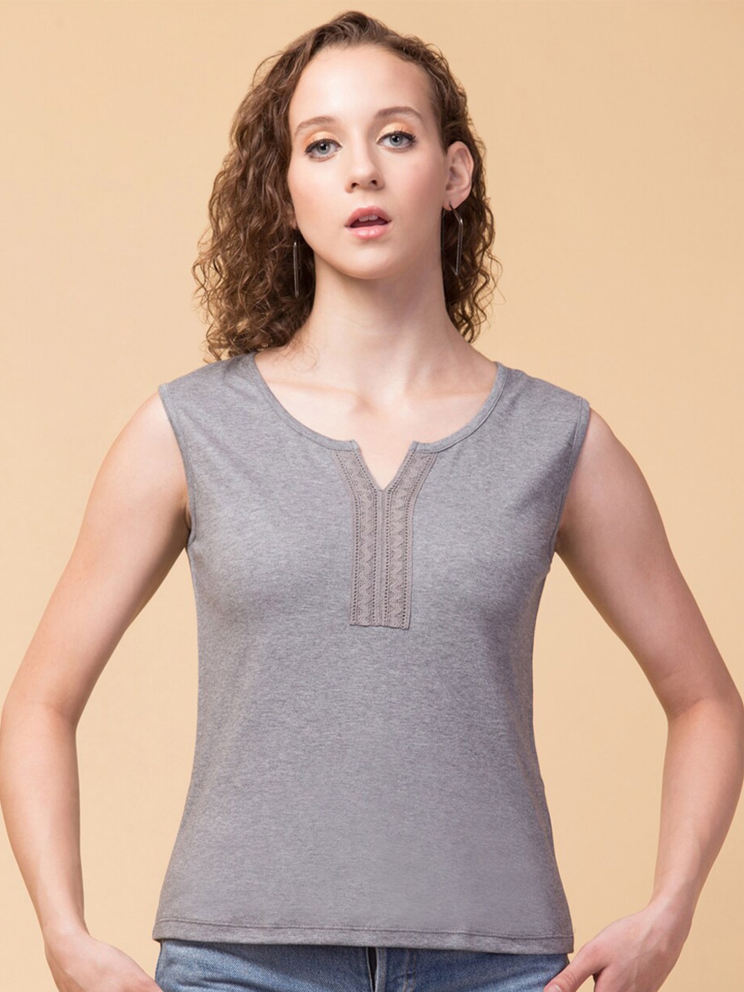 

Hive91 Women Grey Keyhole Neck Top