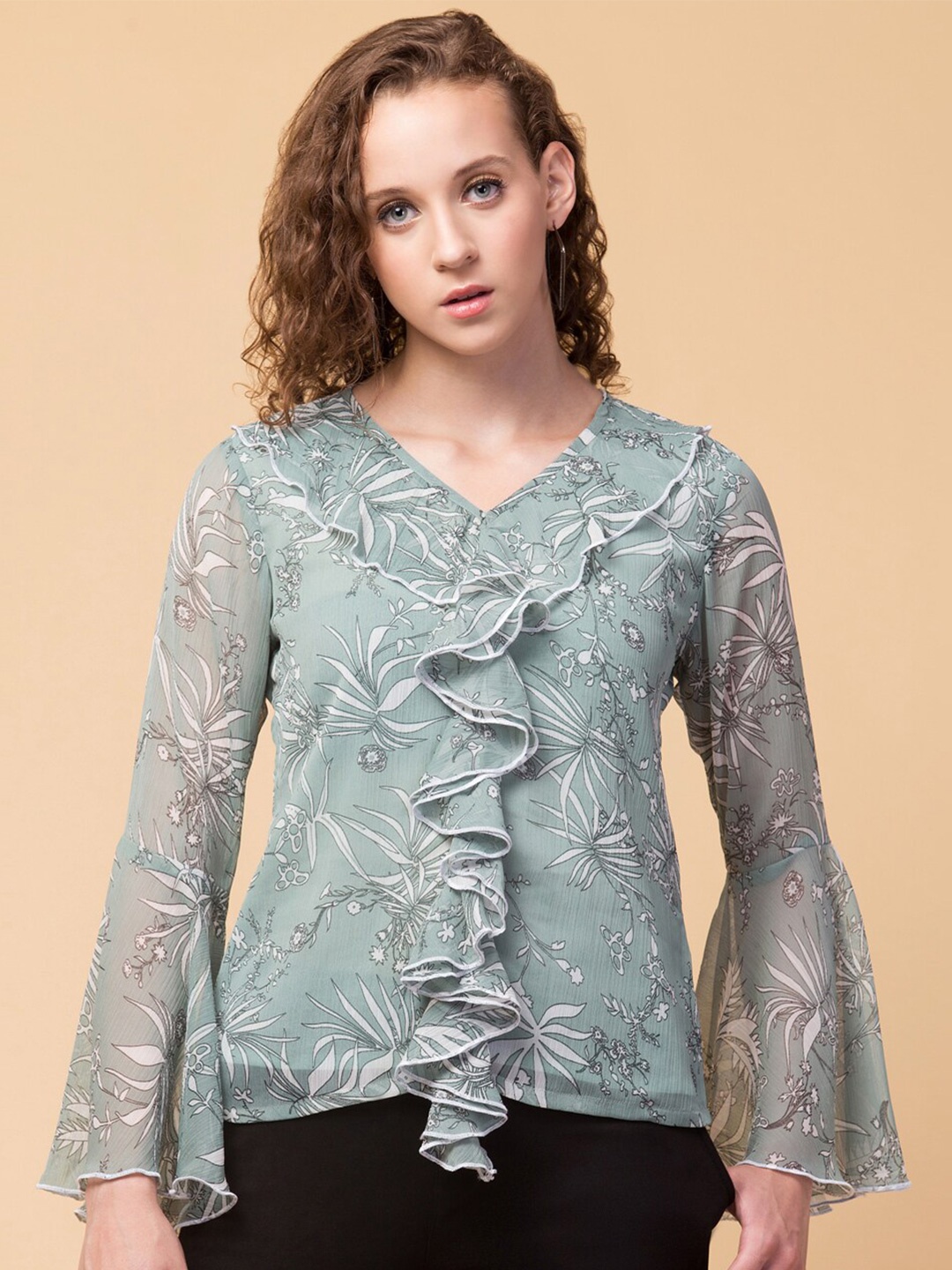 

Hive91 Women Olive Green & White Floral Print Chiffon Top