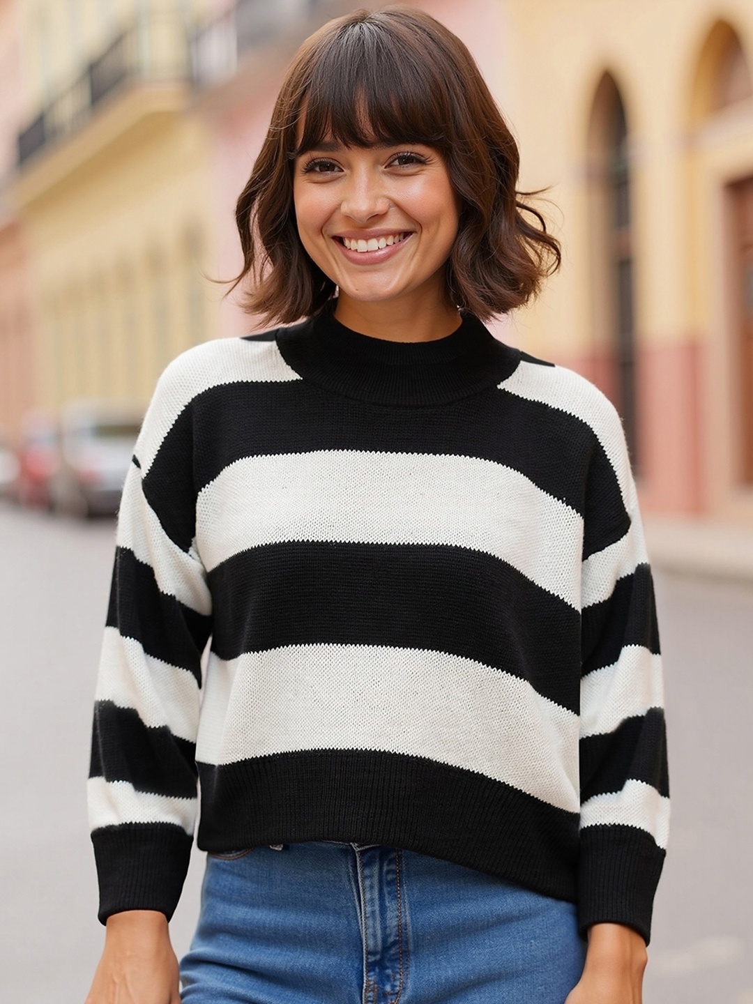 

Bewakoof Women Striped Oversized Sweater, Black