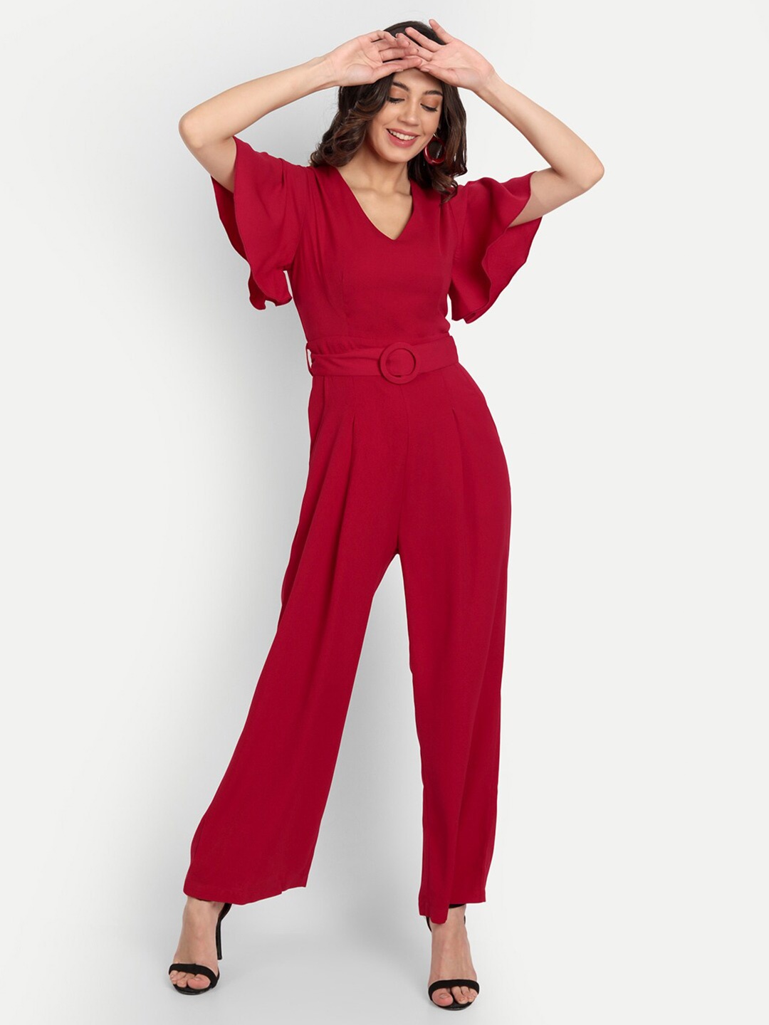 

ESSQUE Women Solid Frill Sleeve Polyester Basic Jumpsuit, Red