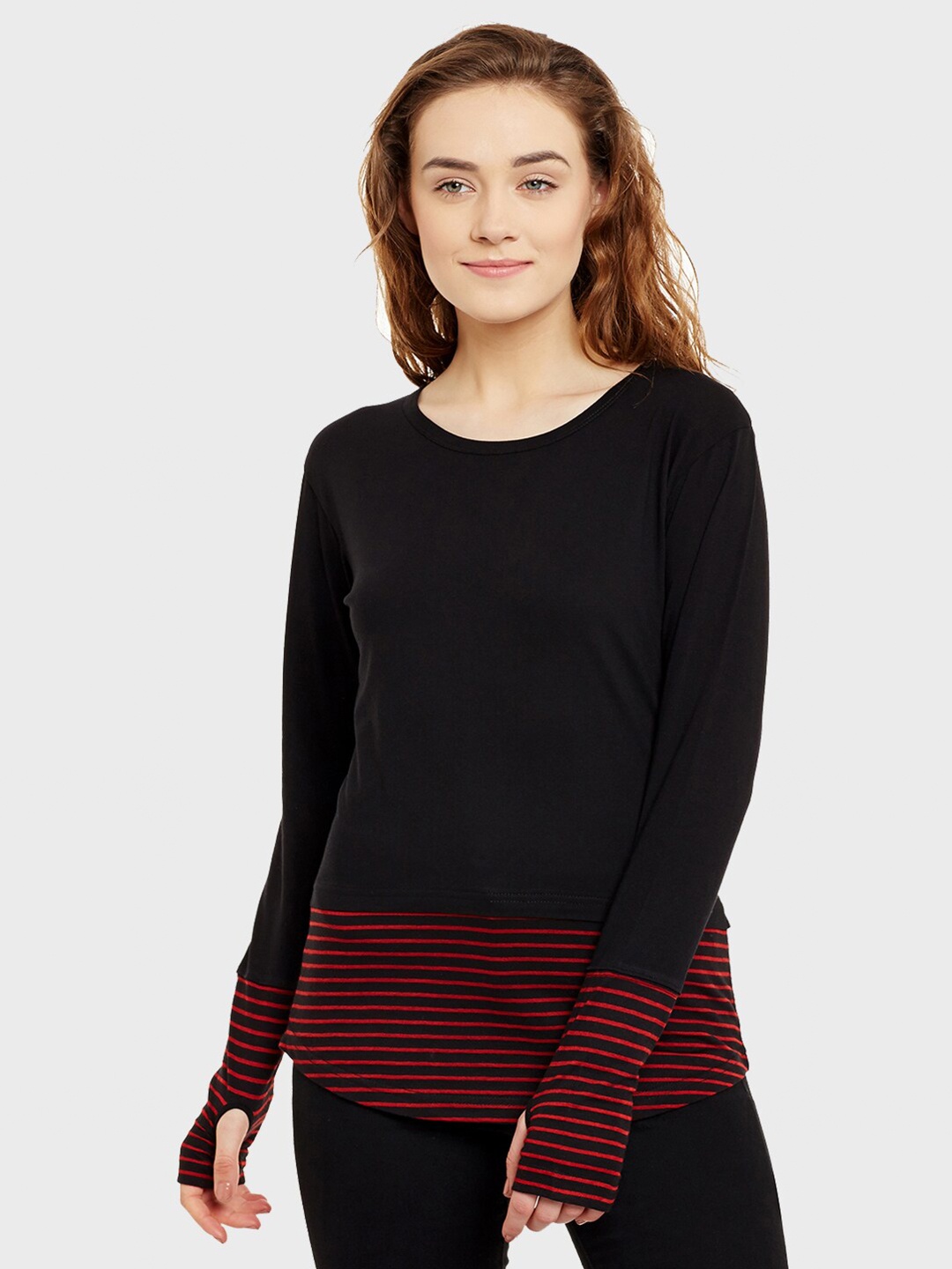 

Hypernation Women Black & Red Striped Pure Cotton T-shirt