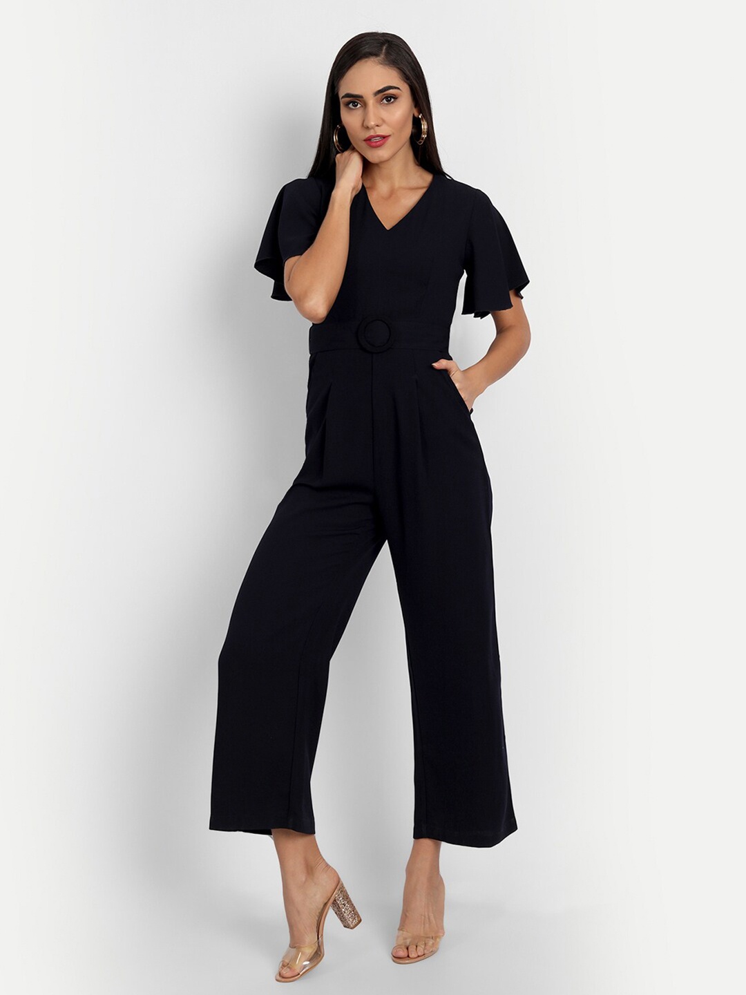 

ESSQUE Women Solid Frill Sleeve Polyester Basic Jumpsuit, Navy blue