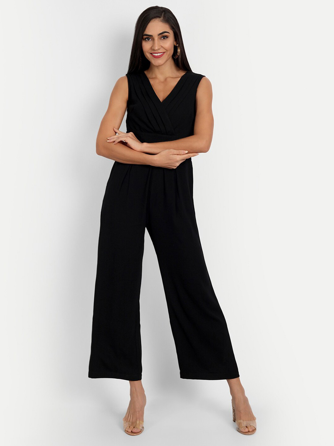 

ESSQUE Women Solid Polyester Basic Jumpsuit, Black