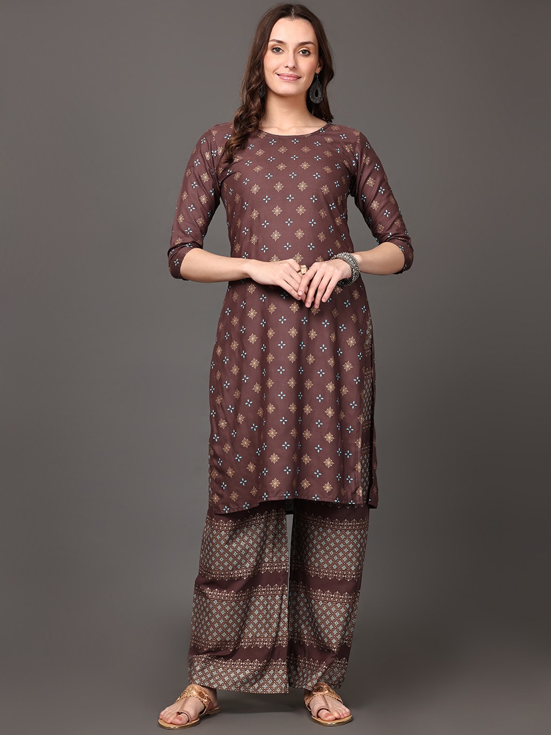 

SURHI Women Ethnic Motifs Printed Kurta with Palazzo Set, Brown