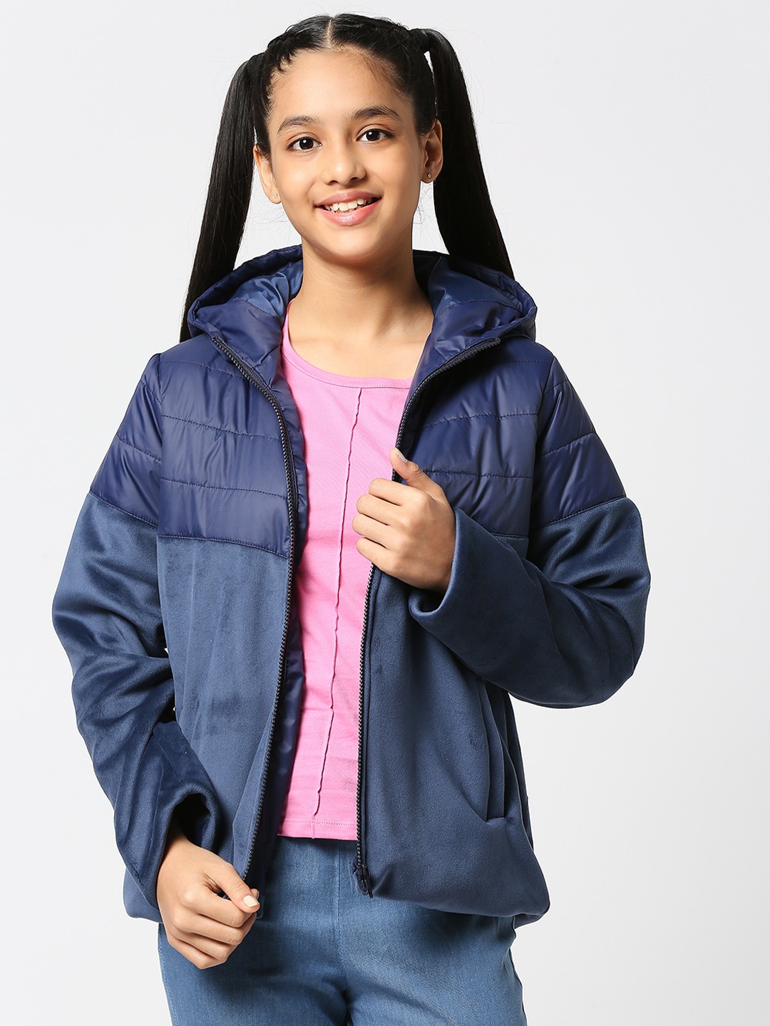 

JUSTICE Girls Navy Blue Solid Hooded Padded Jacket