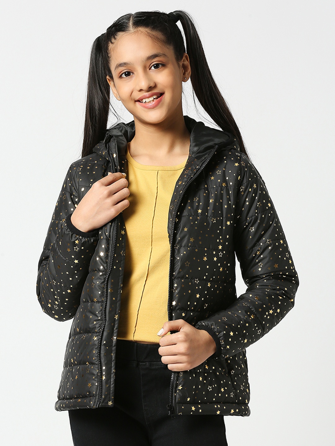 

JUSTICE Girls Black Golden Star Print Hooded Padded Jacket