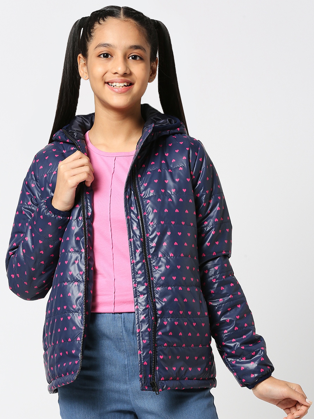 

JUSTICE Girls Navy Blue & Pink Heart Print Hooded Padded Jacket
