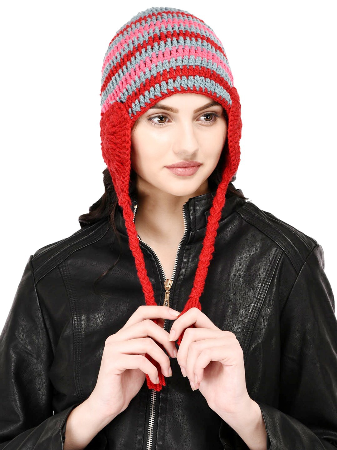 

Bharatasya Women Red & Grey Beanie