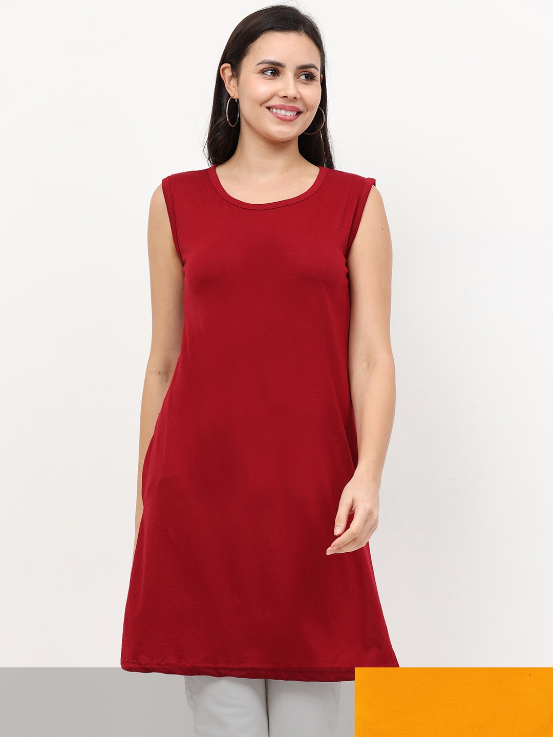 

Fleximaa Women Pack of 2 Maroon & Mustard Yellow Round Neck Longline Pure Cotton Top