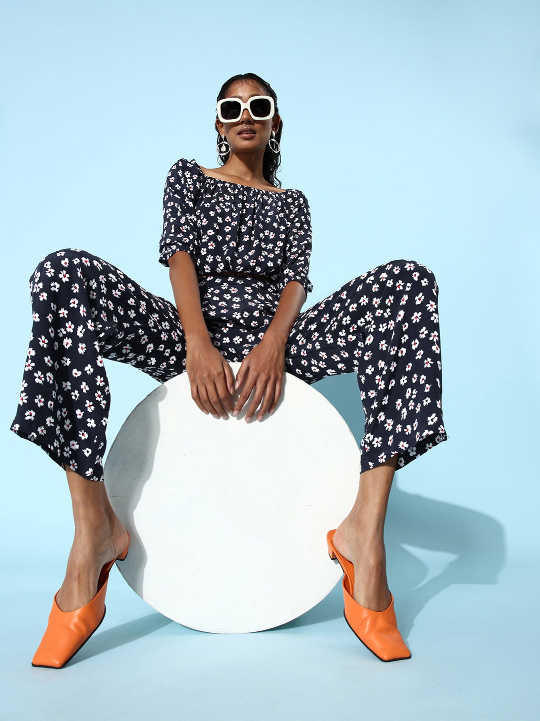 

StyleStone Women Deep Navy Blue Printed Top with Trousers