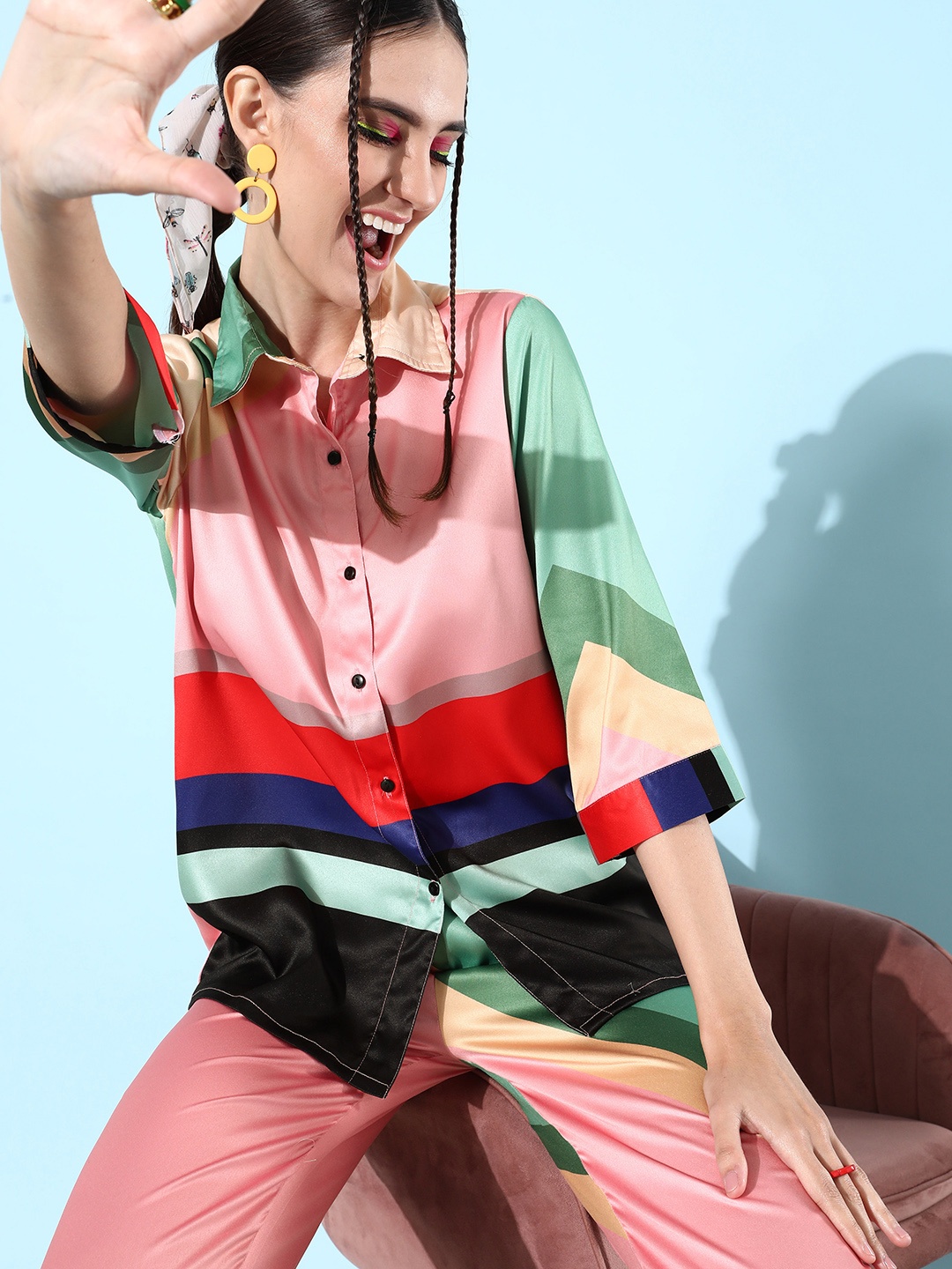 

StyleStone Women Pink & Blue Striped Detail Shirt with Trousers