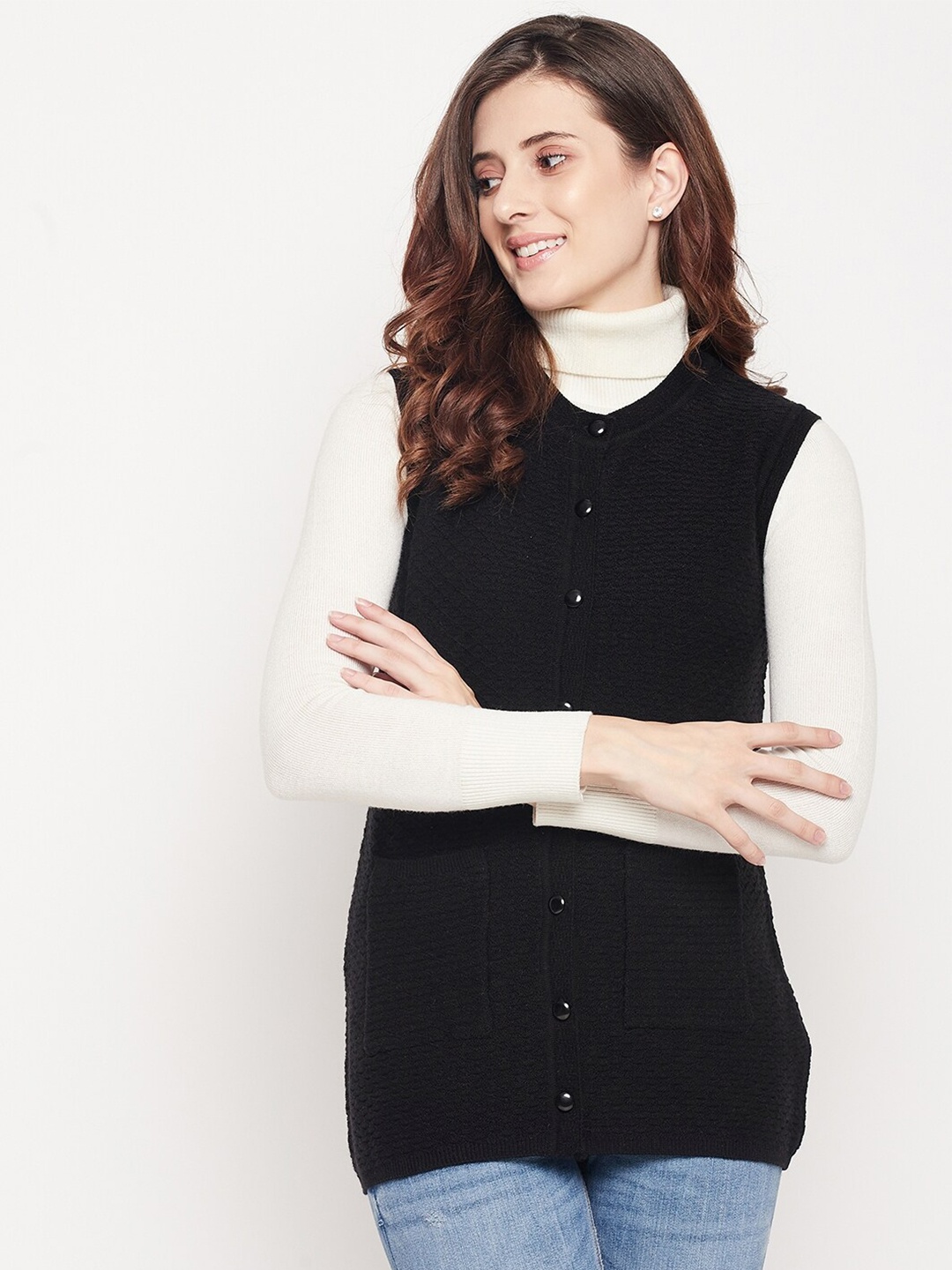 

Madame Women Black Acrylic Cardigan Sweater