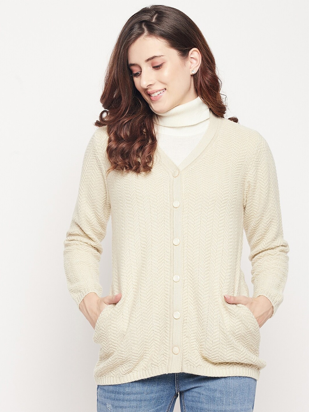 

Madame Women Beige Cable Knit Wool Cardigan Sweater