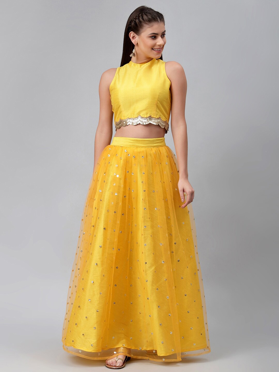 

studio rasa Women Yellow Sequined Embellished Ready to Wear Net Lehenga And Choli