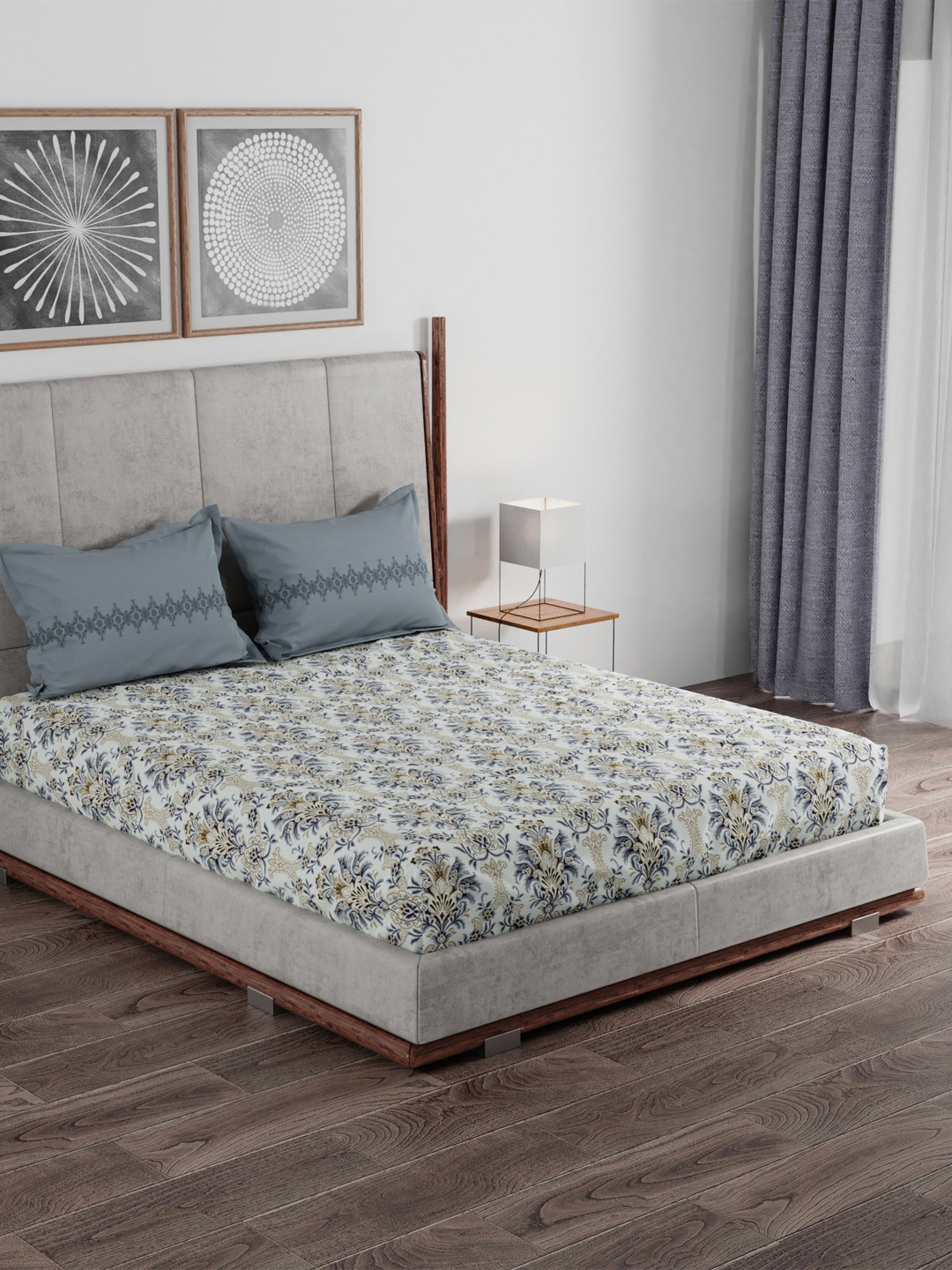 

Trident Grey & Off White Ethnic 100% Cotton 120 TC Queen Bedsheet with 2 Pillow Covers