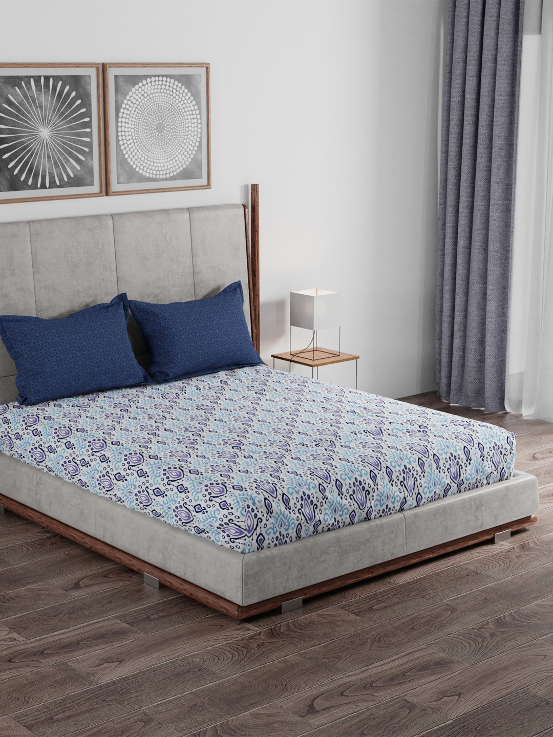 

Trident Geometric 120 TC Queen Cotton Bedsheet with 2 Pillow Covers, Blue