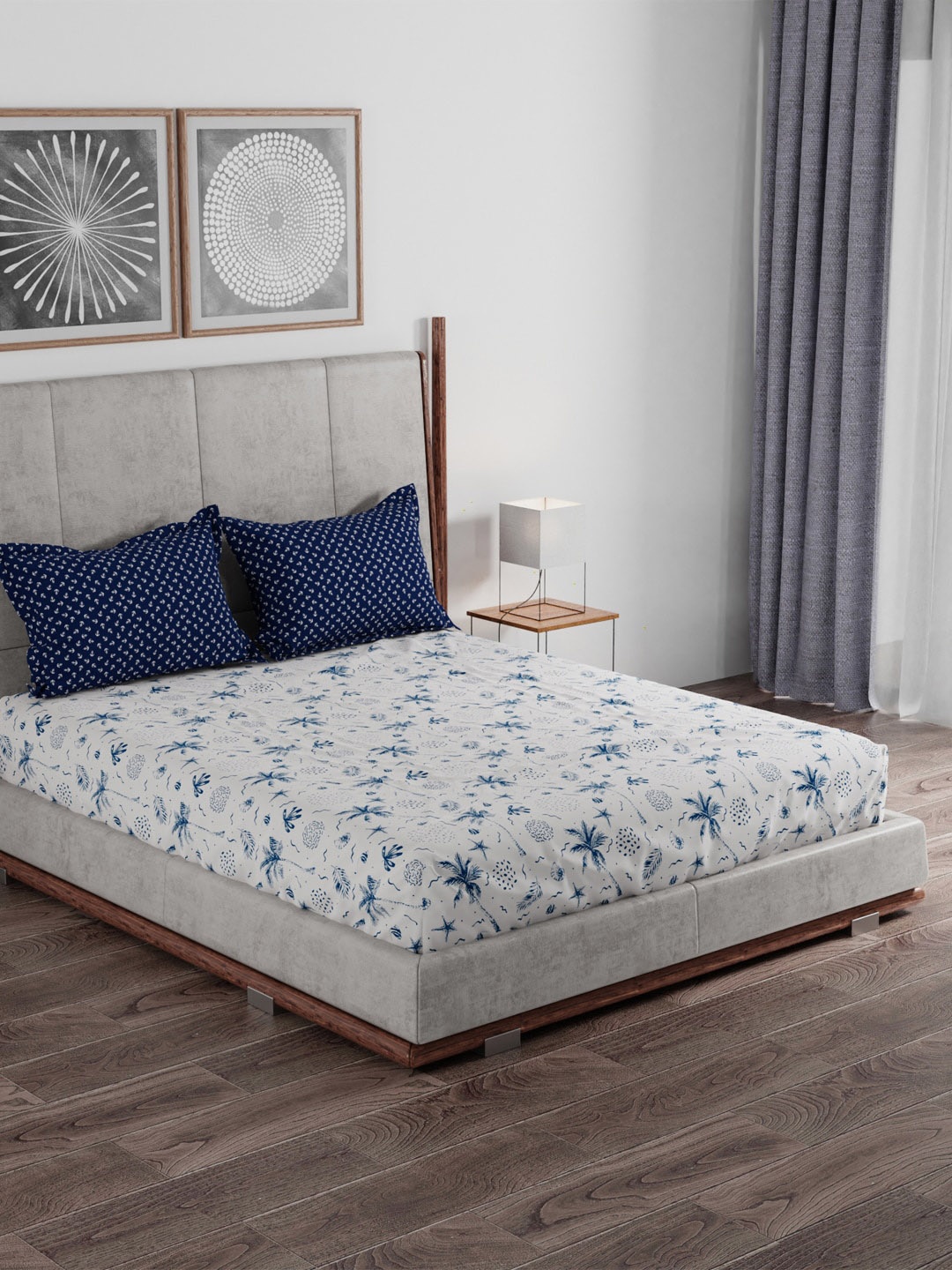 

Trident Blue & Grey Floral 100% Cotton 120 TC Queen Bedsheet with 2 Pillow Covers
