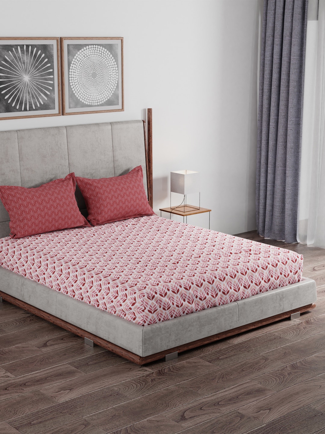 

MYTRIDENT Red Off White Ethnic 100% Cotton 120 TC Queen Bedsheet with 2 Pillow Covers