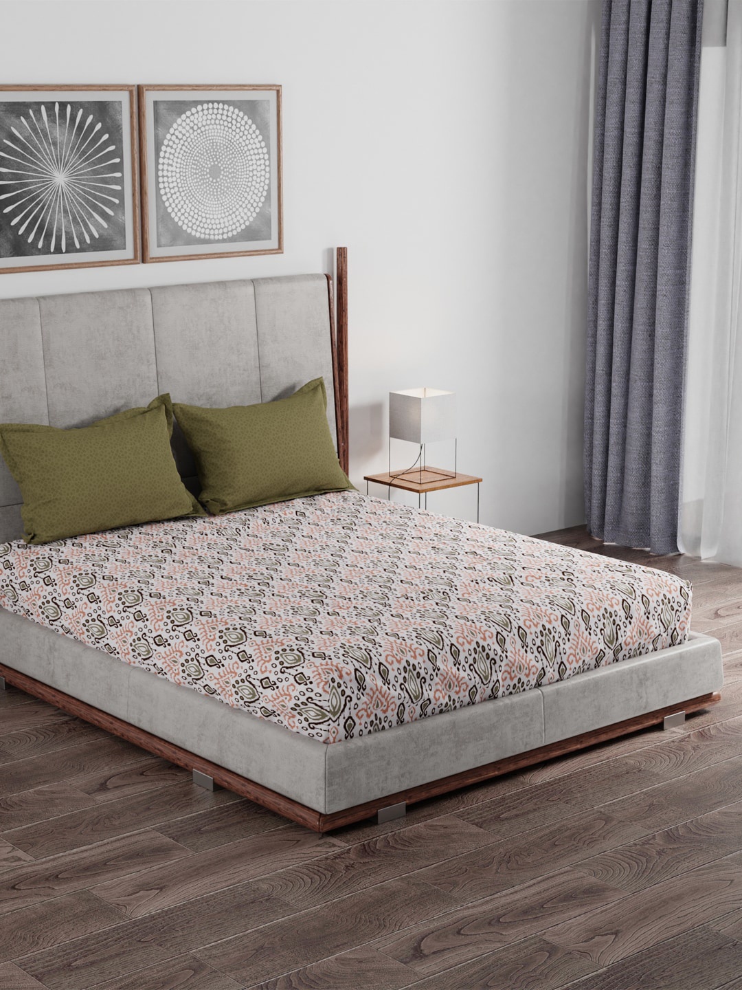 

MYTRIDENT Beige Off White Ethnic 100% Cotton 120 TC Queen Bedsheet with 2 Pillow Covers