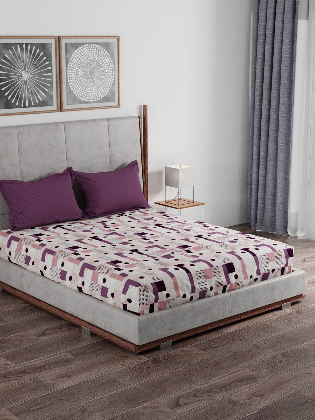 

Trident Purple & Off White Geometric 100% Cotton 120 TC Queen Bedsheet with 2 Pillow Cover