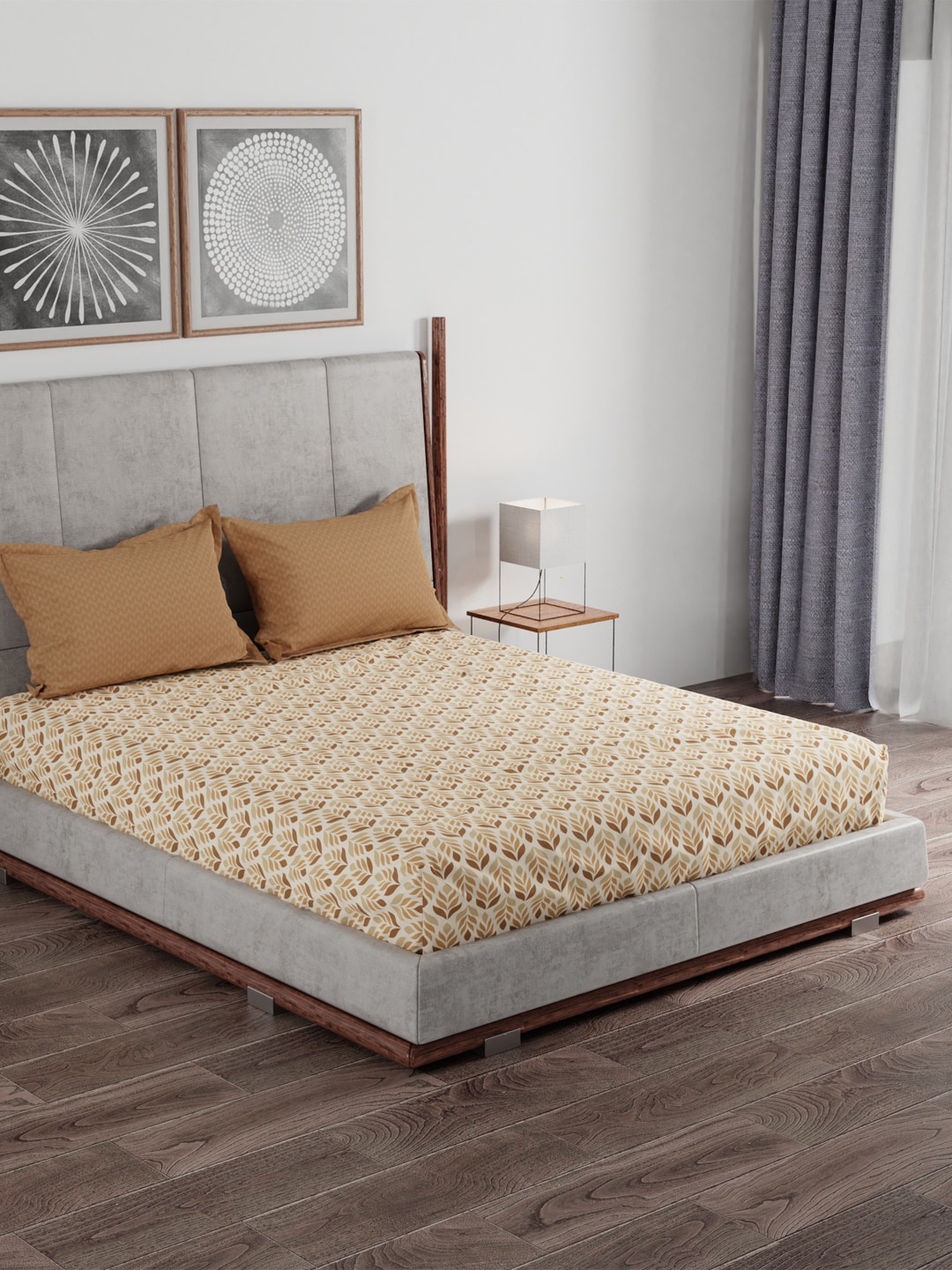 

MYTRIDENT Beige Ethnic Motifs 100% Cotton 120 TC Queen Bedsheet with 2 Pillow Covers
