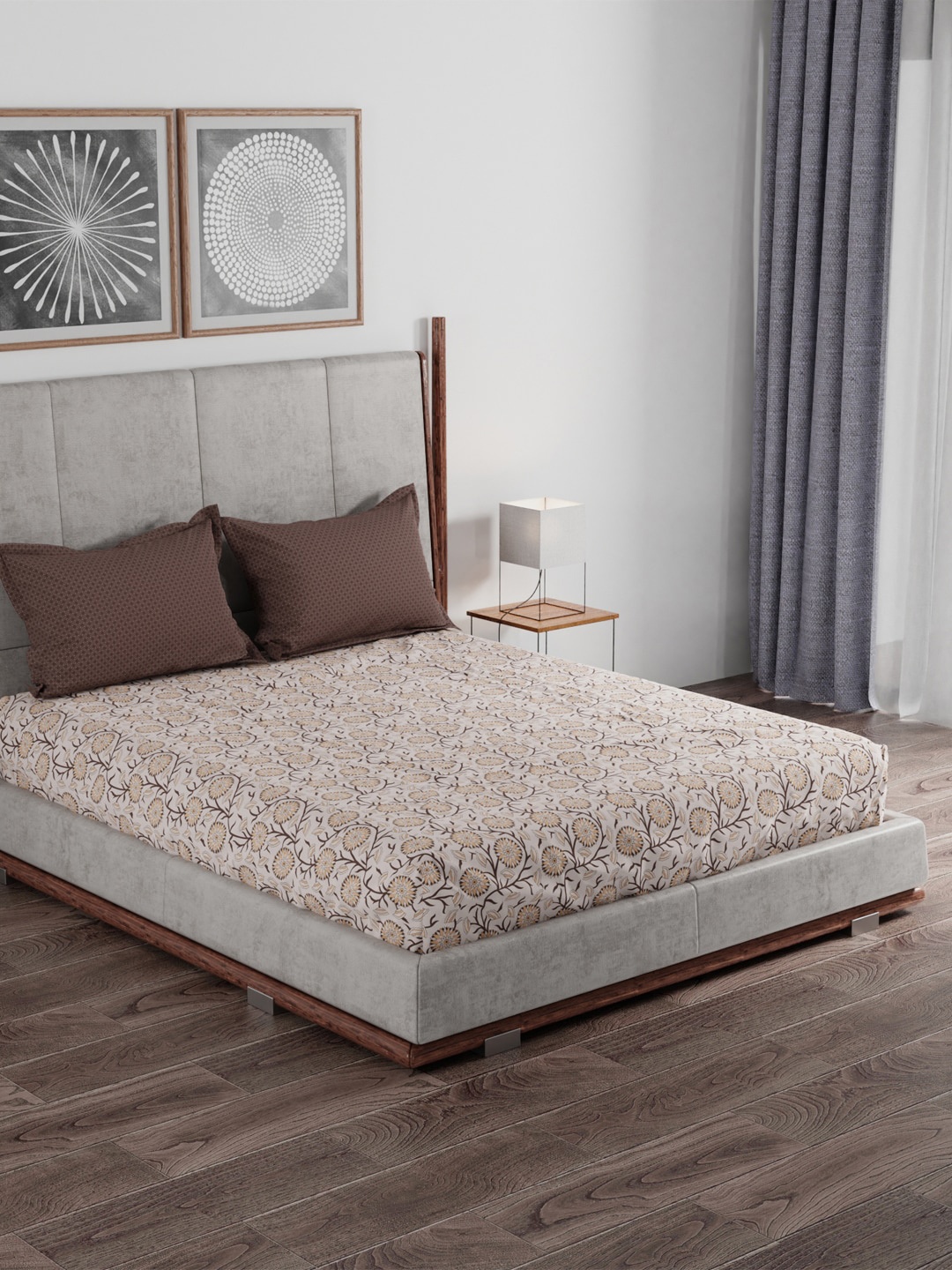 

MYTRIDENT Brown Floral 100% Cotton 120 TC Queen Bedsheet with 2 Pillow Covers