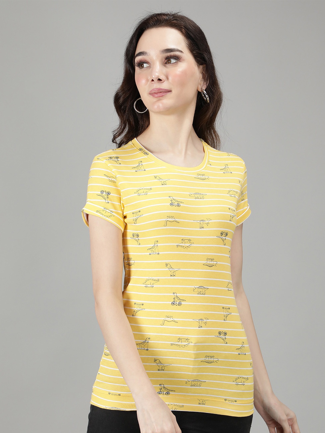 

Sonex Gold Women Yellow Striped Slim Fit Cotton T-shirt