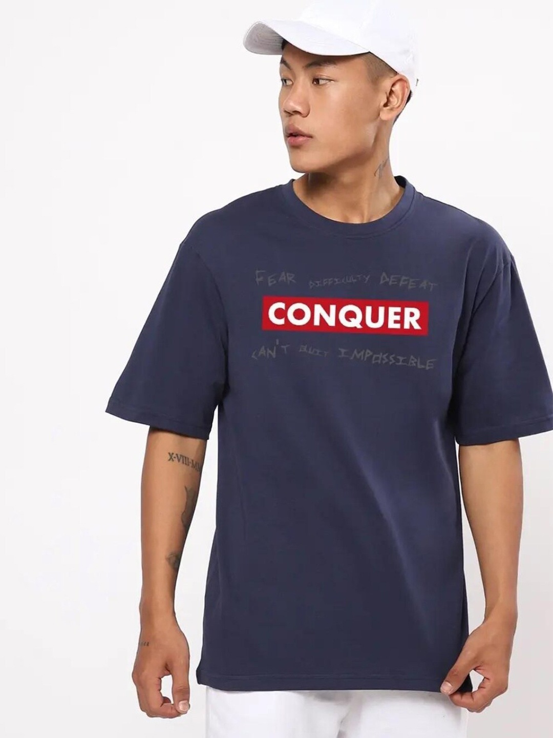 

Bewakoof Men Blue Typography Printed Drop-Shoulder Sleeves Oversized Cotton T-shirt