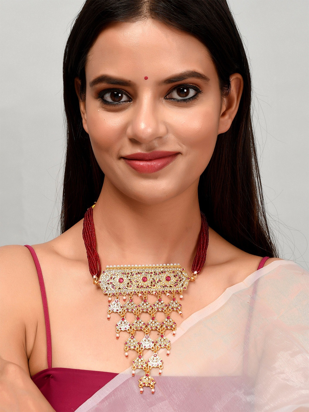 

Silvermerc Designs Unisex Gold-Toned & Red Brass Gold-Plated Meenakari Necklace