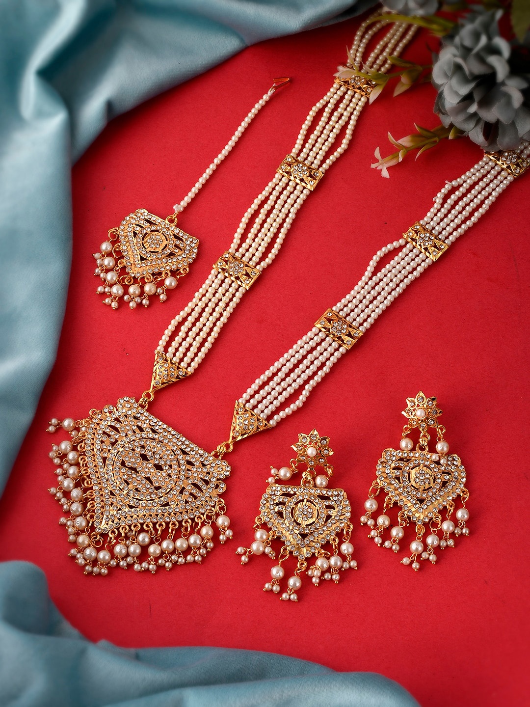 

Silvermerc Designs Gold-Plated White CZ Studded Layered Jewellery Set