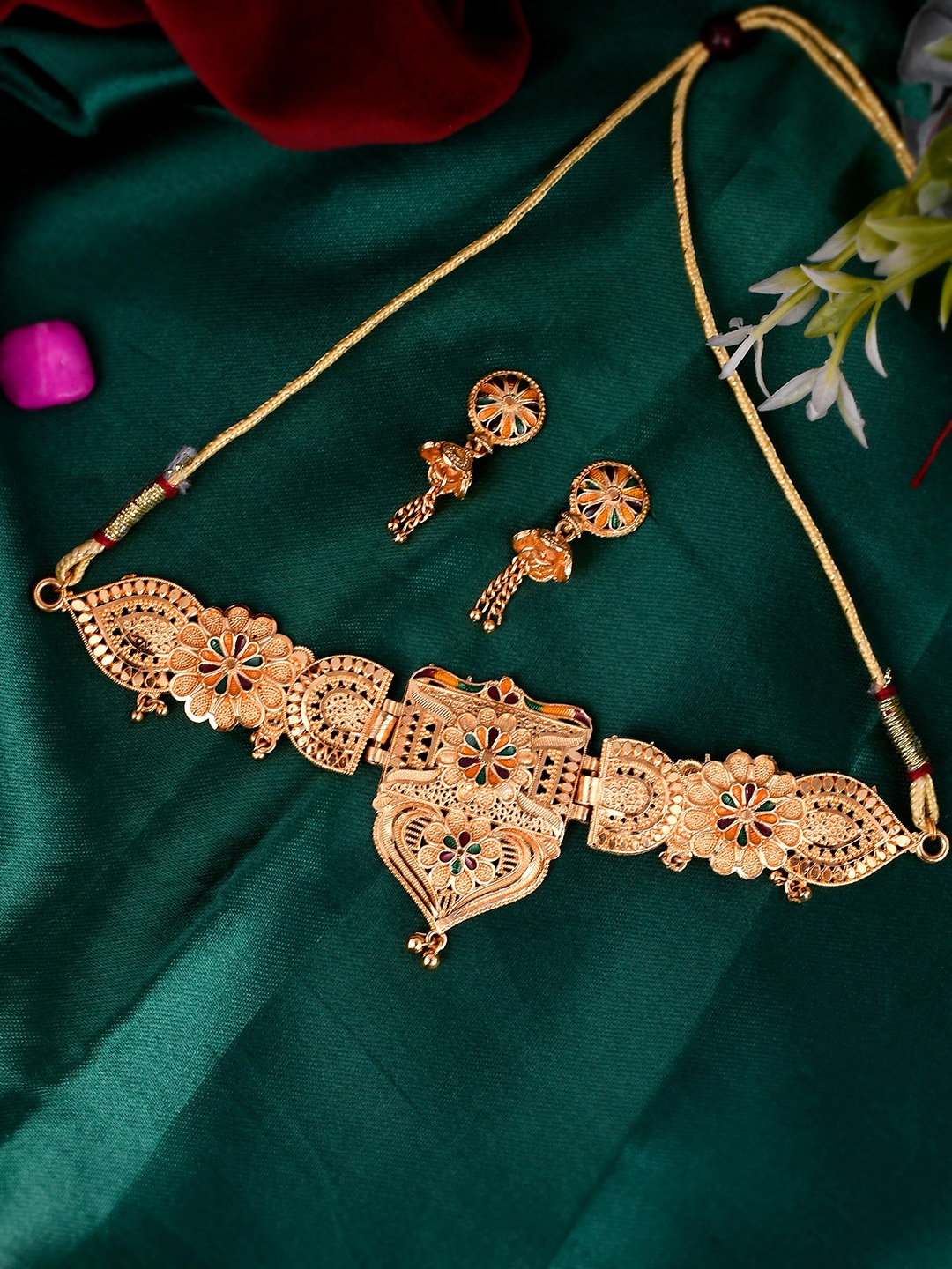 

Silvermerc Designs Gold-Plated Green CZ-Studded Meenakari Jewellery Set