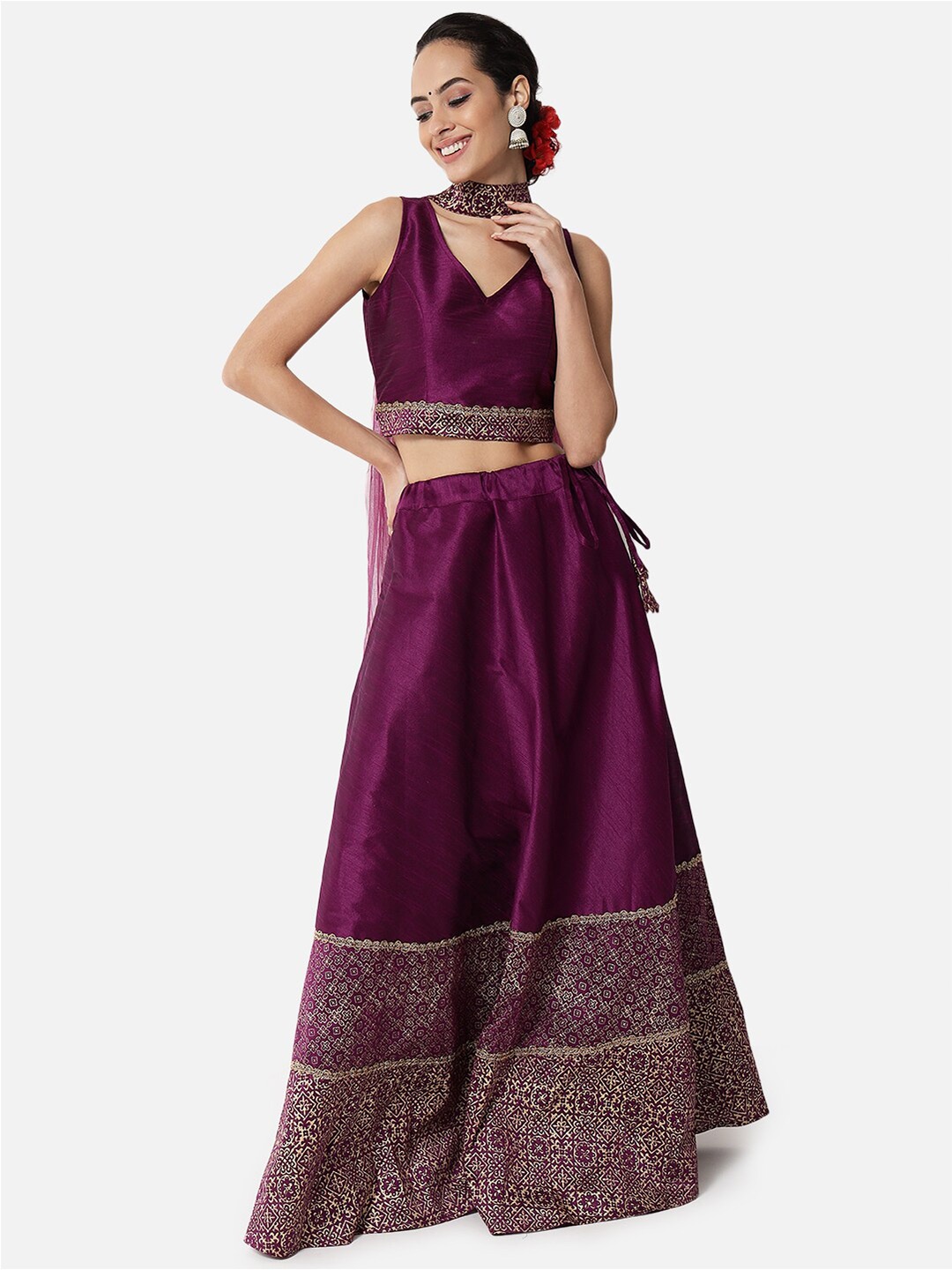 

studio rasa Women Purple And Gold Toned Hand Block Print Lehenga & Blouse With Dupatta