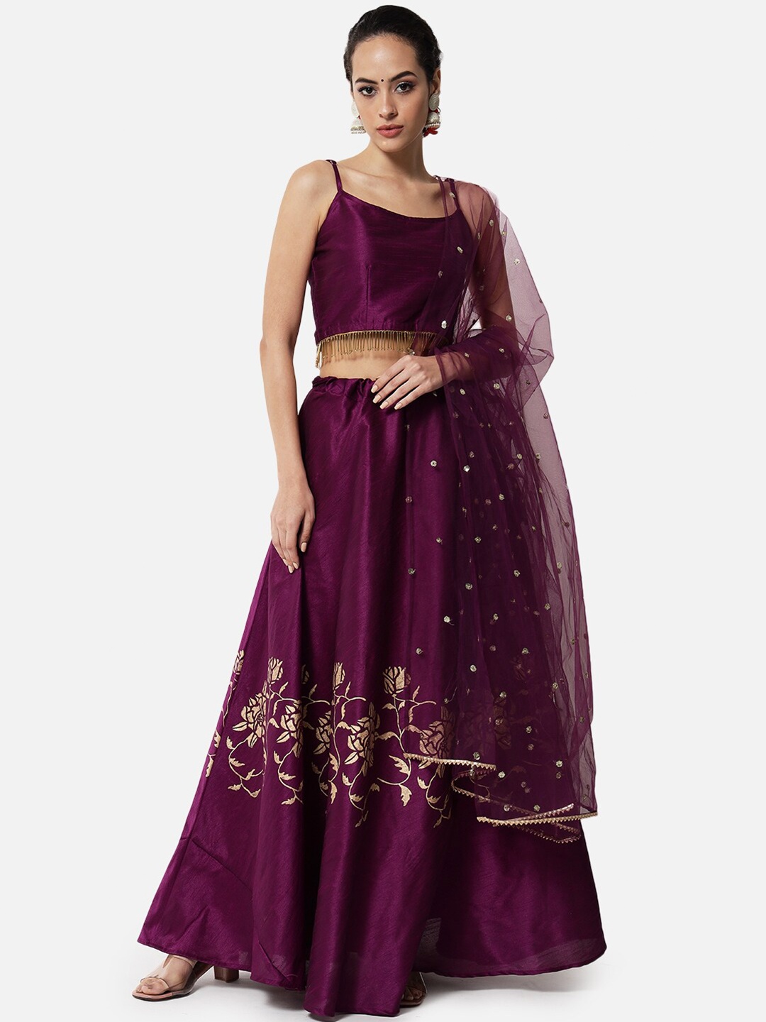 

studio rasa Purple & Gold-Toned Hand Block Print Lehenga & Embellished Blouse With Dupatta