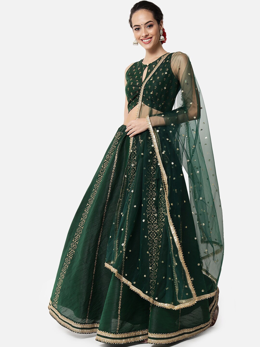 

studio rasa Women Green And Gold Toned Block Print Lehenga & Blouse With Dupatta