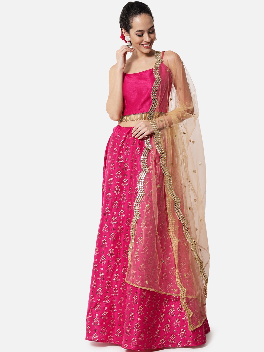

studio rasa Pink And Gold-Toned Hand Block Print Lehenga & Embellished Blouse With Dupatta
