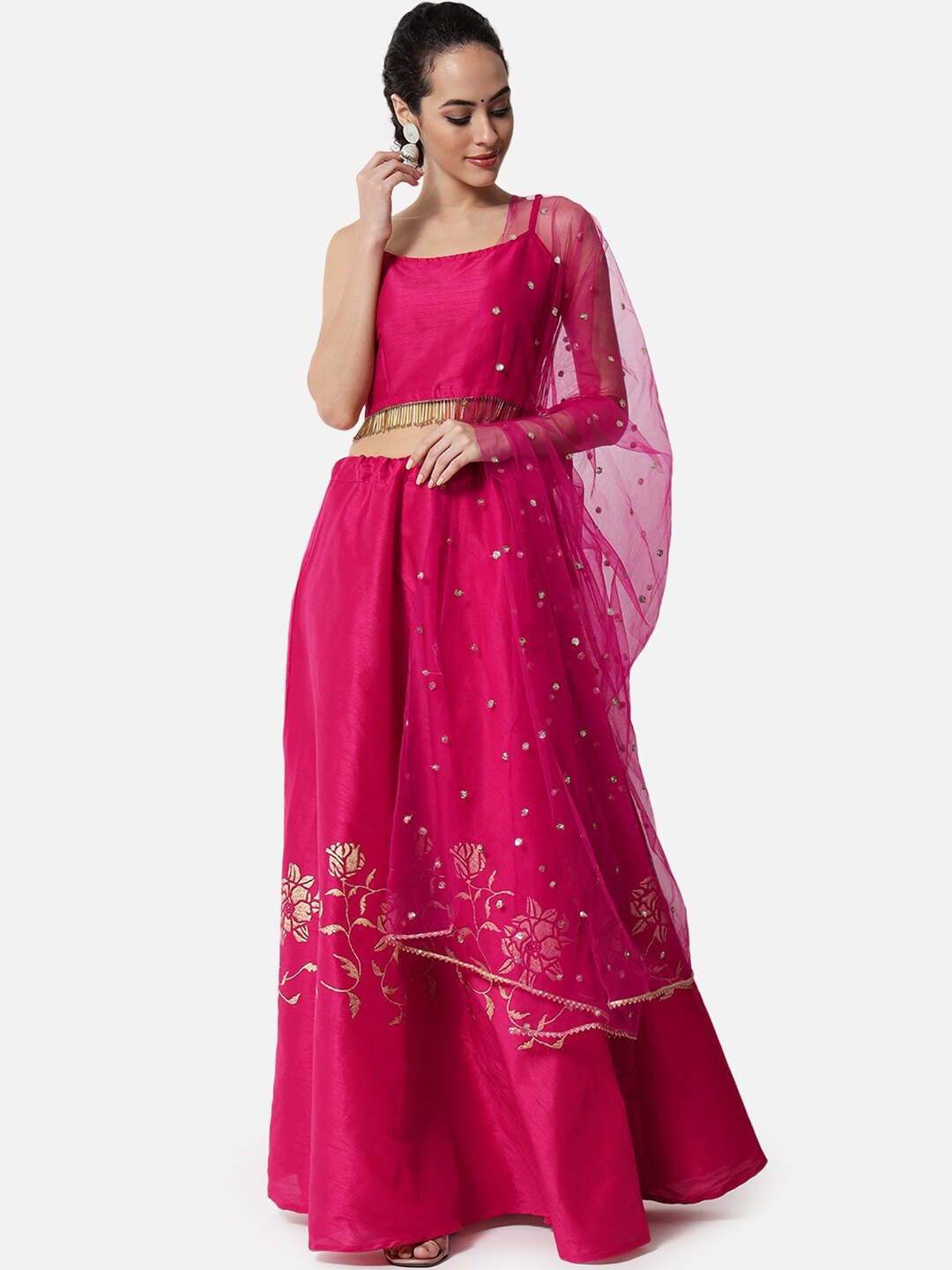 

studio rasa Pink And Gold-Toned Hand Block Print Lehenga & Embellished Blouse With Dupatta