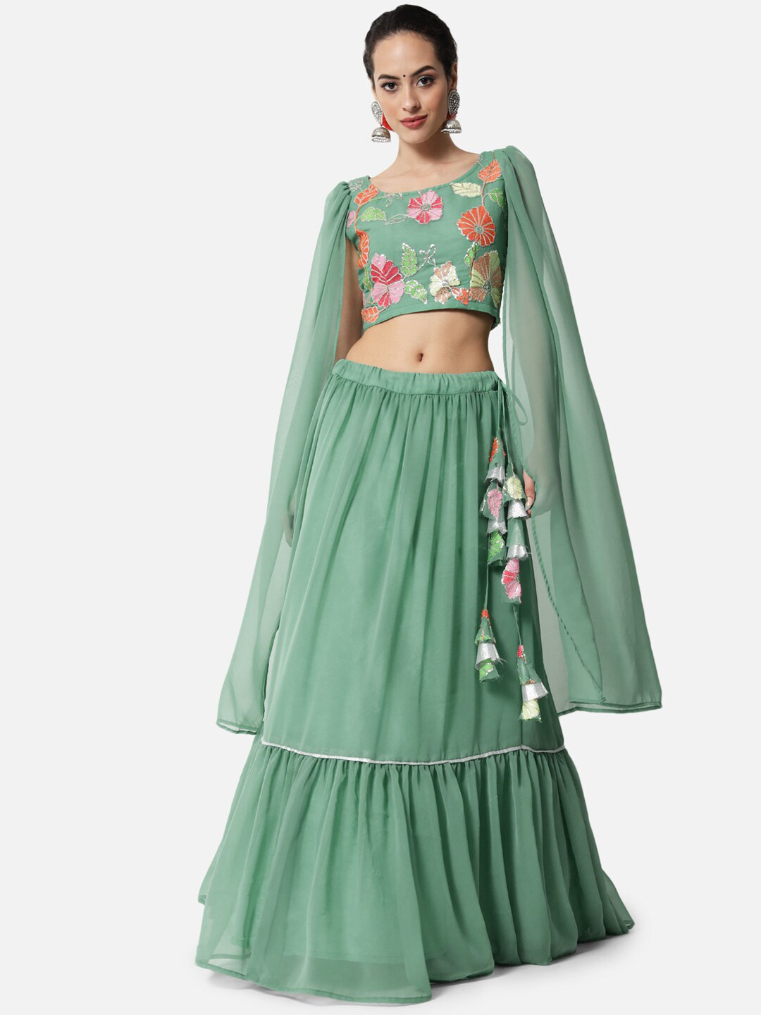 

studio rasa Sea Green Solid Ready to Wear Tiered Lehenga And Embroidered Sequined Choli
