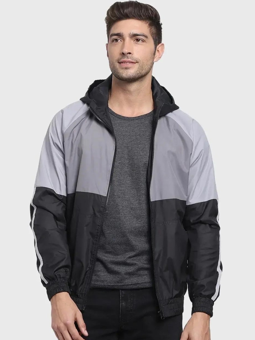 

Bewakoof Plus Men Black Grey Colourblocked Windcheater Sporty Jacket