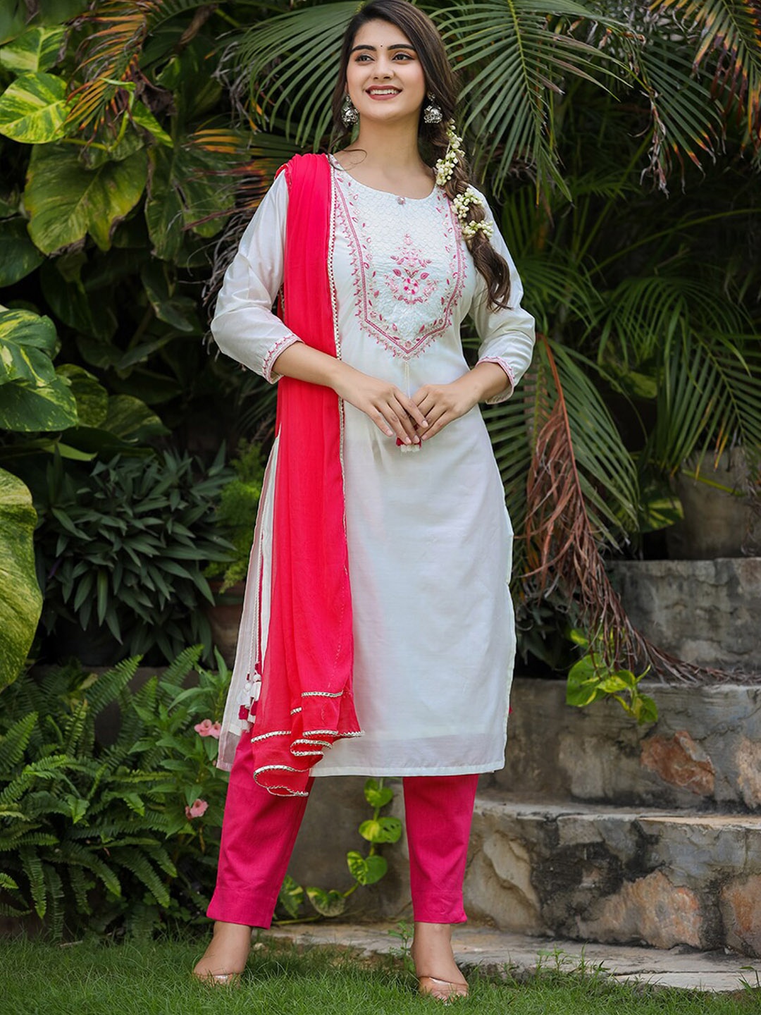 

KAAJH Women White Embroidered Sequinned Pure Silk Kurta with Trousers & With Dupatta