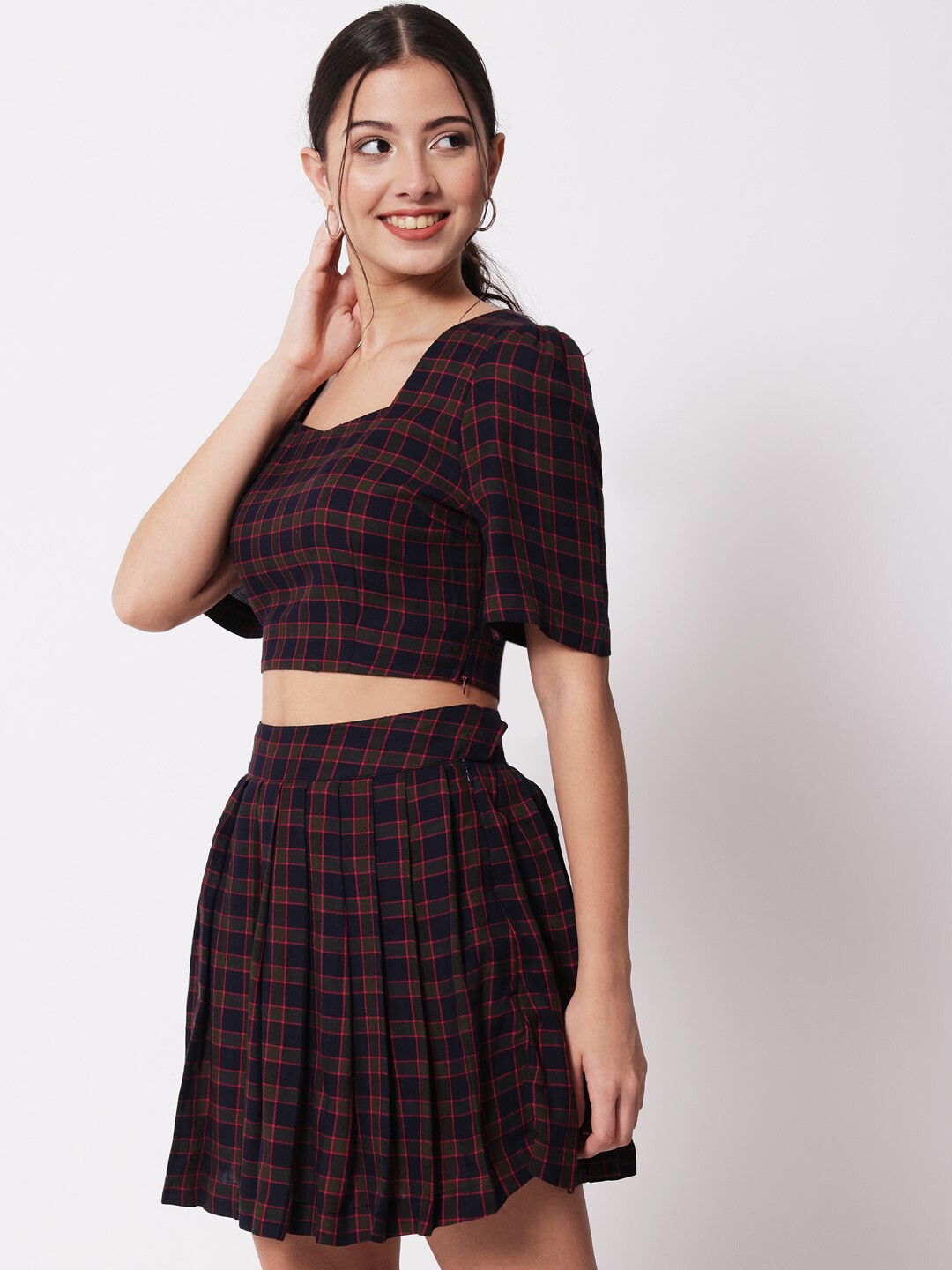 

CHARMGAL Women Navy Blue & Green Checked Top