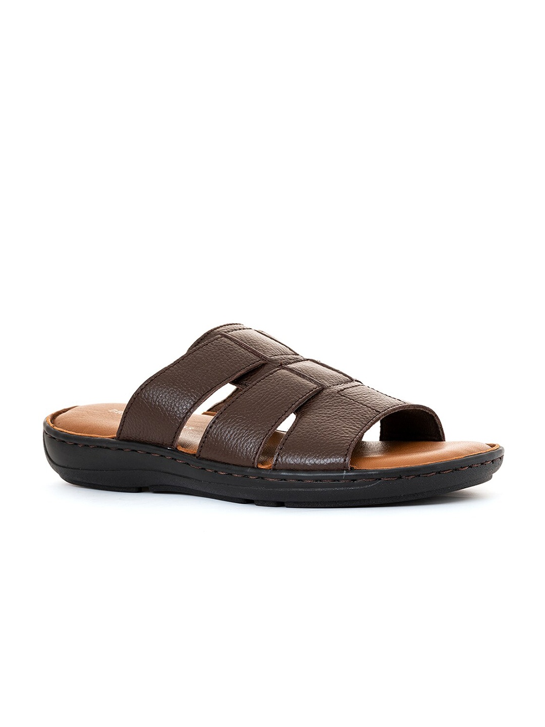 

Khadims Men Brown & Black Leather Comfort Sandals