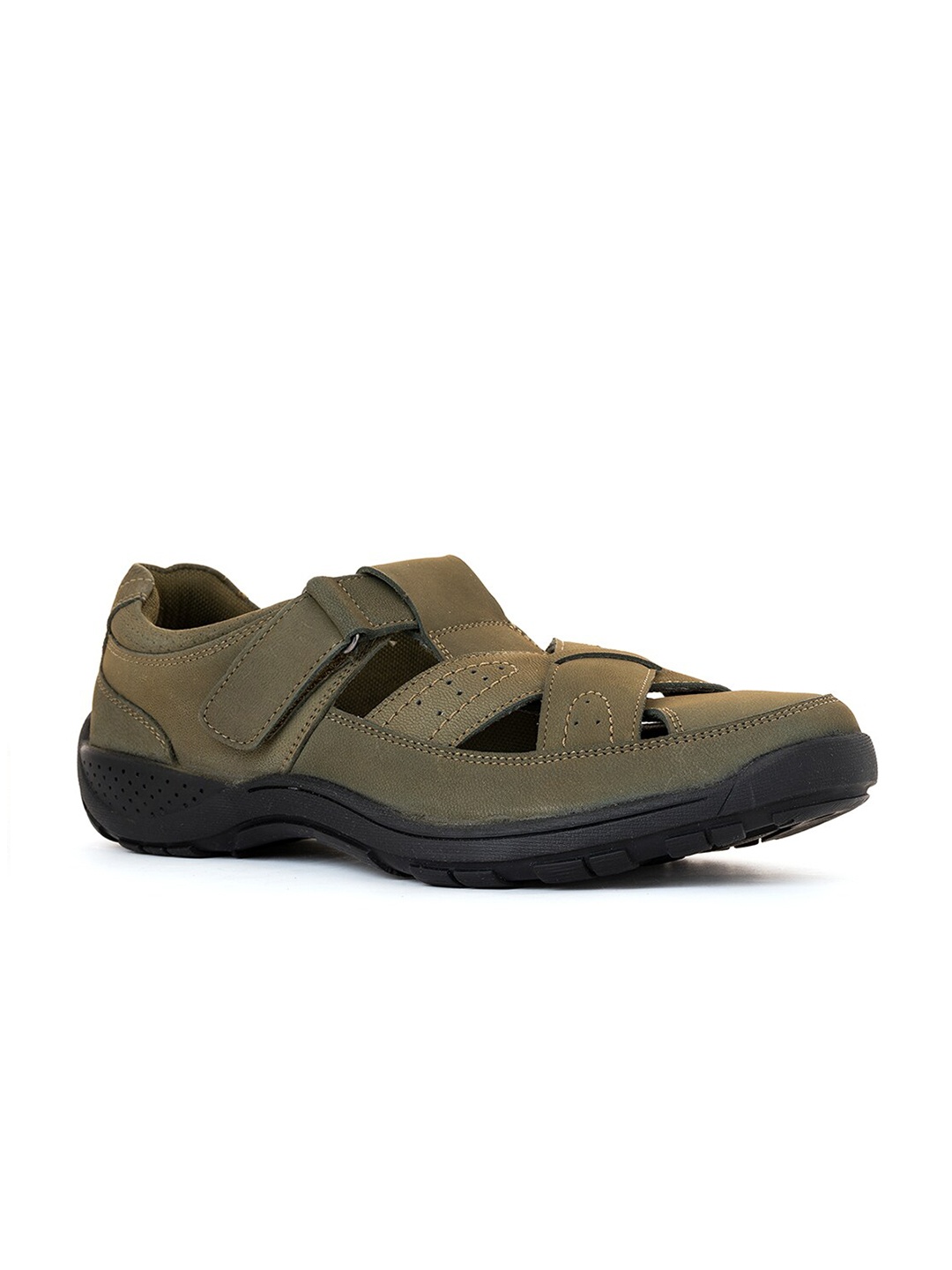 

Khadims Men Olive Green Leather Comfort Sandals