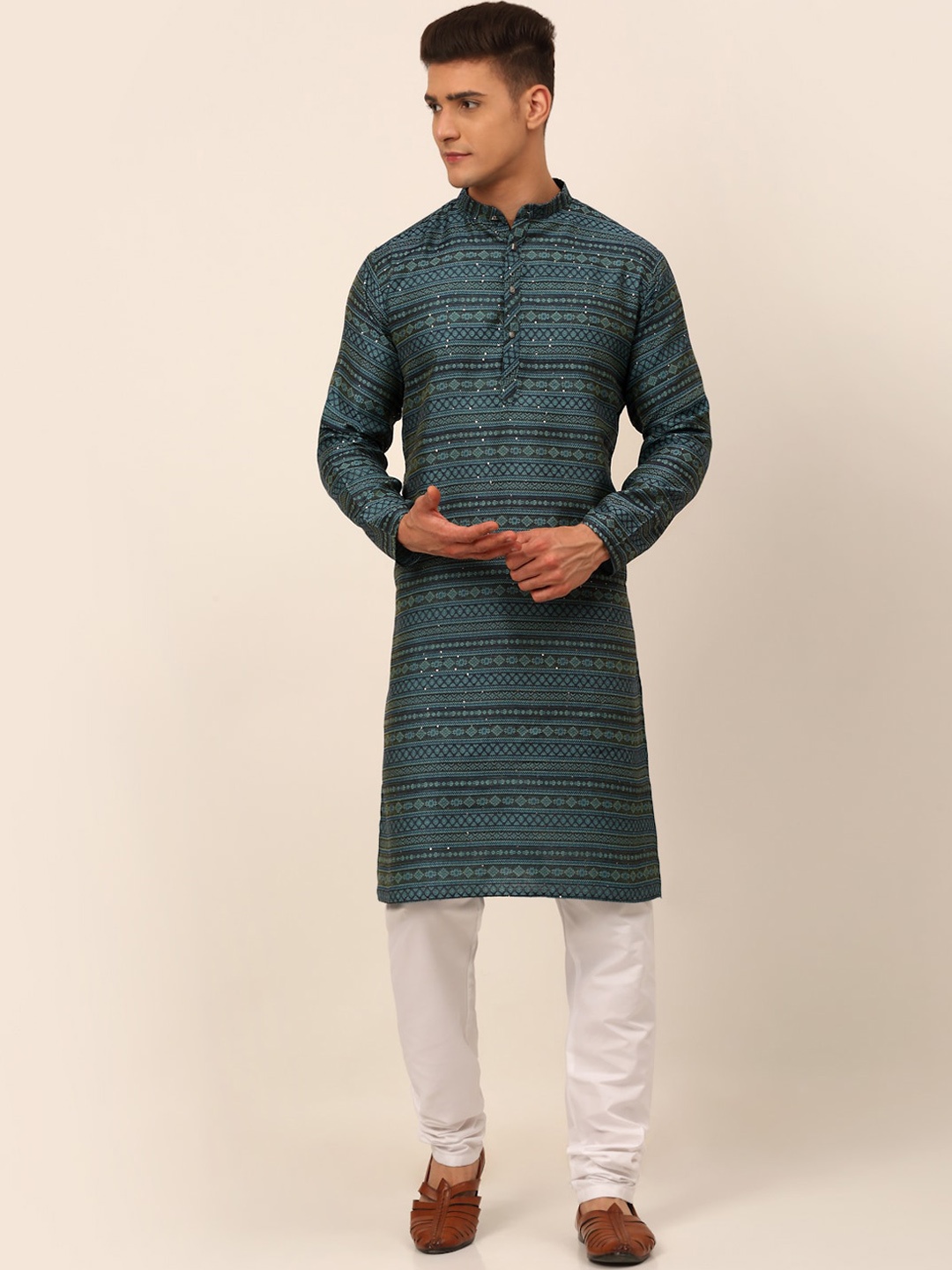 

Jompers Men Floral Printed Kurta with Pyjamas, Teal
