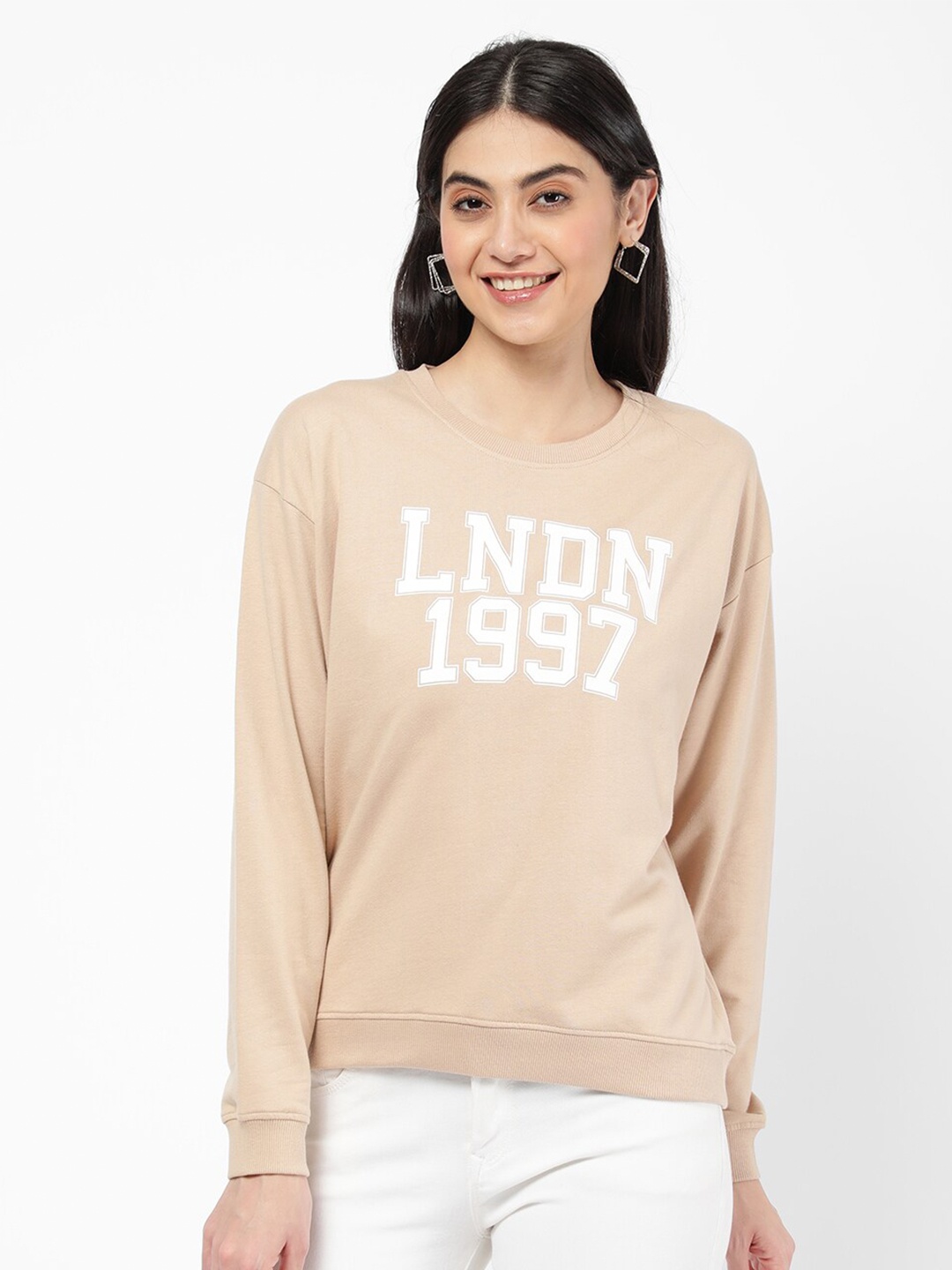 

R&B Women Beige Cotton Printed Sweatshirt