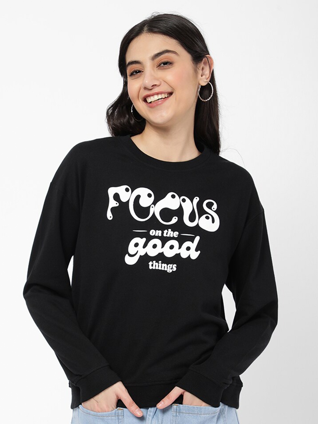 

R&B Women Black Cotton Printed Sweatshirt