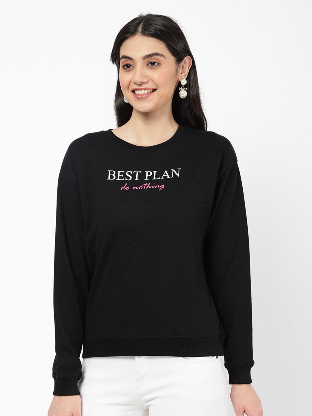 

R&B Women Black Cotton Printed Sweatshirt