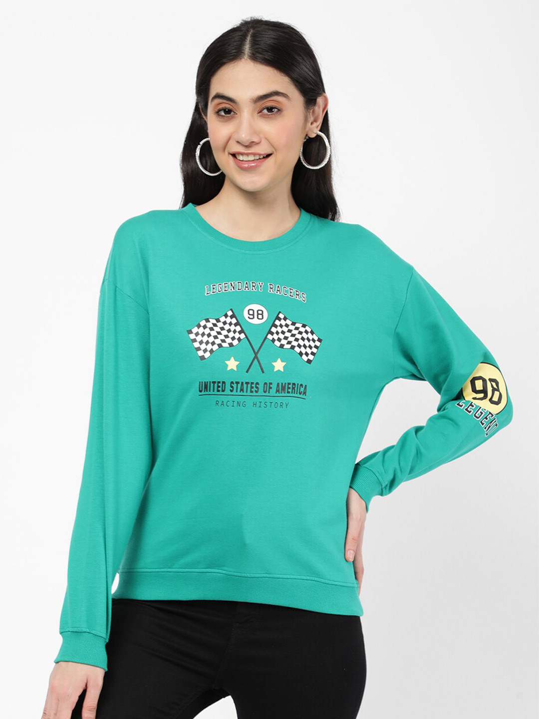 

R&B Women Green Printed Cotton Sweatshirt