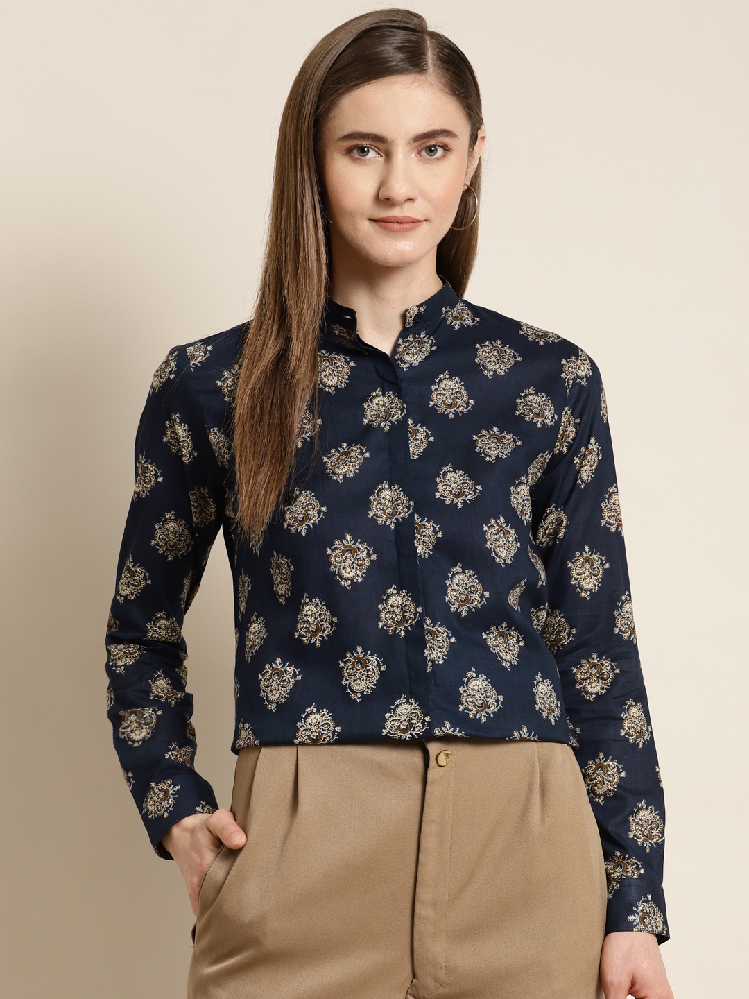 

Hancock Women Navy Blue Regular Fit Printed Pure Cotton Formal Shirt