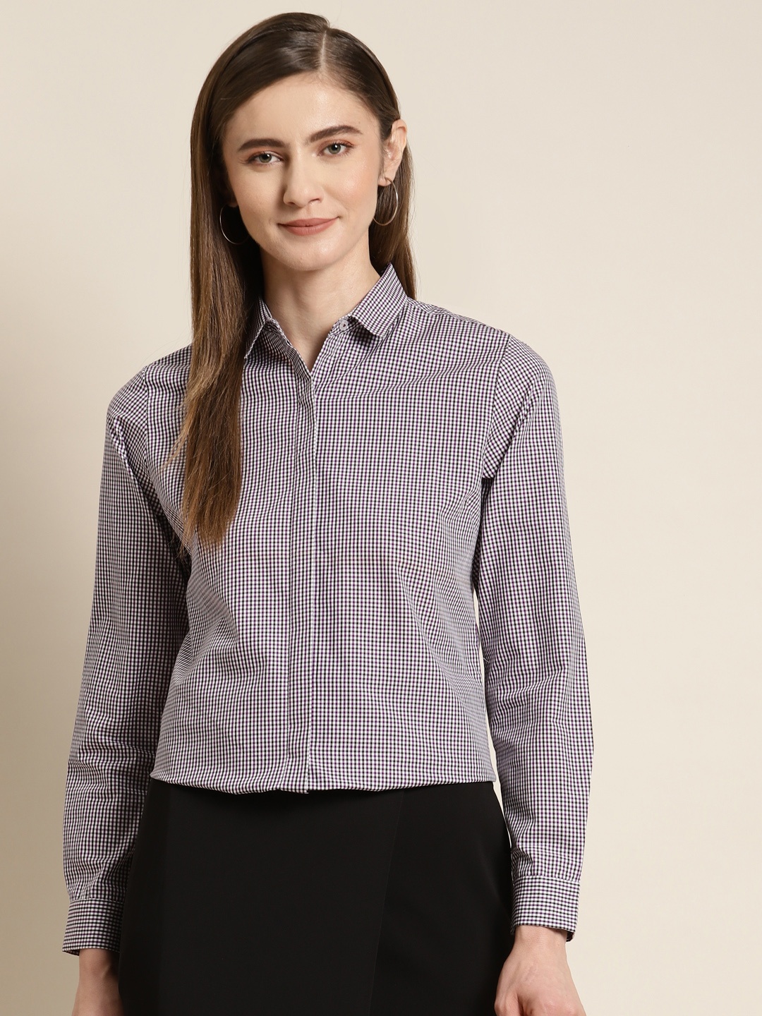 

Hancock Women White Pure Cotton Standard Slim Fit Checked Formal Shirt