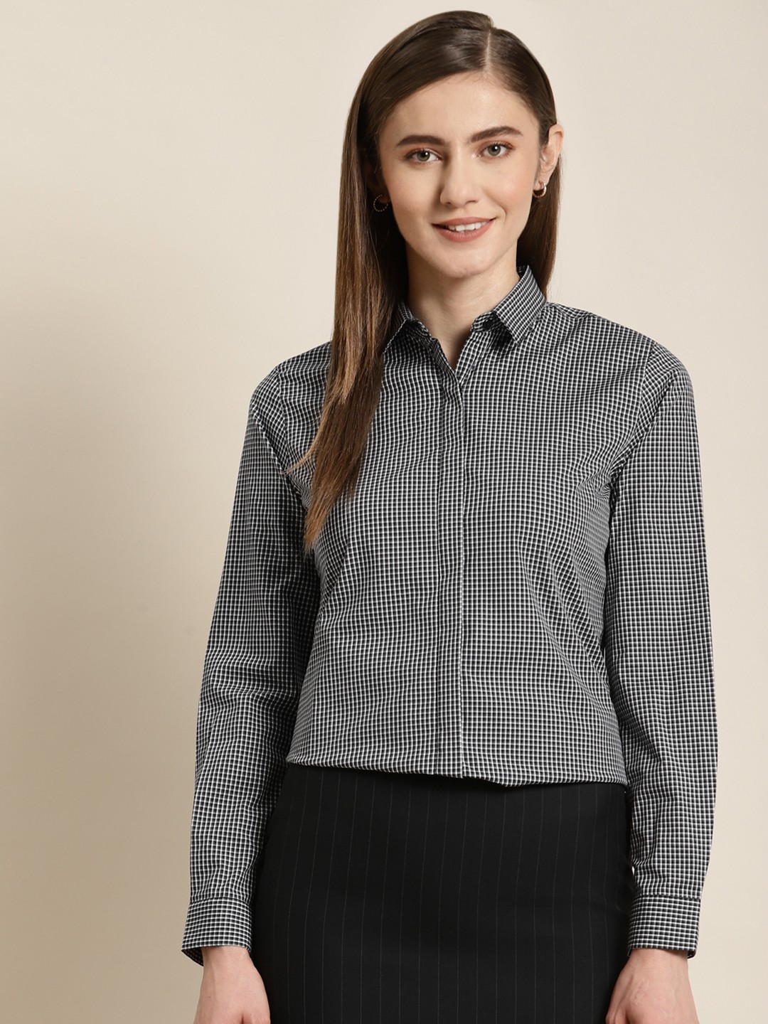 

Hancock Women Black Pure Cotton Slim Fit Checked Formal Shirt